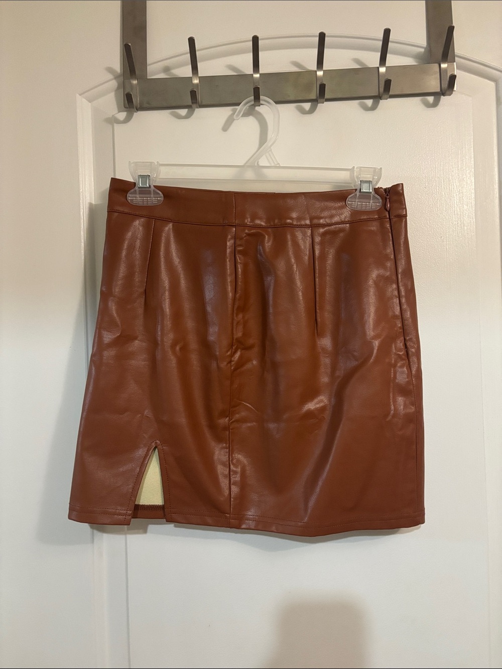 Lulu's Cognac Brown Faux Leather Mini Skirt with Front Slit